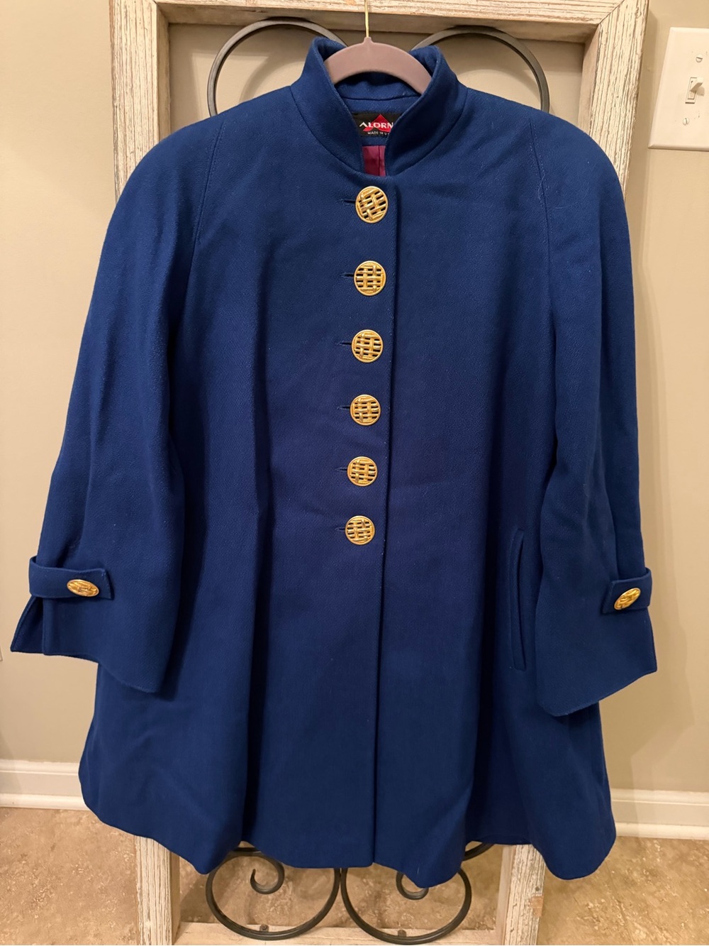 Wool Swing Coat Royal Blue Gold Buttons 80s Vintage A Line Alorna Large